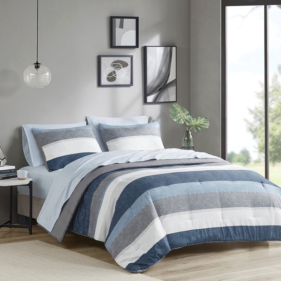 Madison Park Essentials Jaxon Comforter Set with Bed Sheets - Blue / Grey - Queen Size
