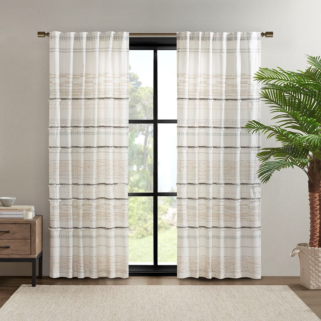 INK+IVY Nea Cotton Printed Window Panel with tassel trim and Lining - Off White / Gray - 84" Panel