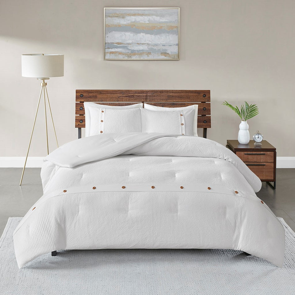 Finley 3 Piece Cotton Waffle Weave Comforter set - White - Full Size / Queen Size