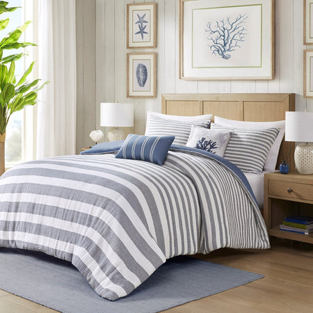 Harbor House Brooks 5 Piece Cotton Stripe Duvet Cover Set - White / Blue - Full Size / Queen Size