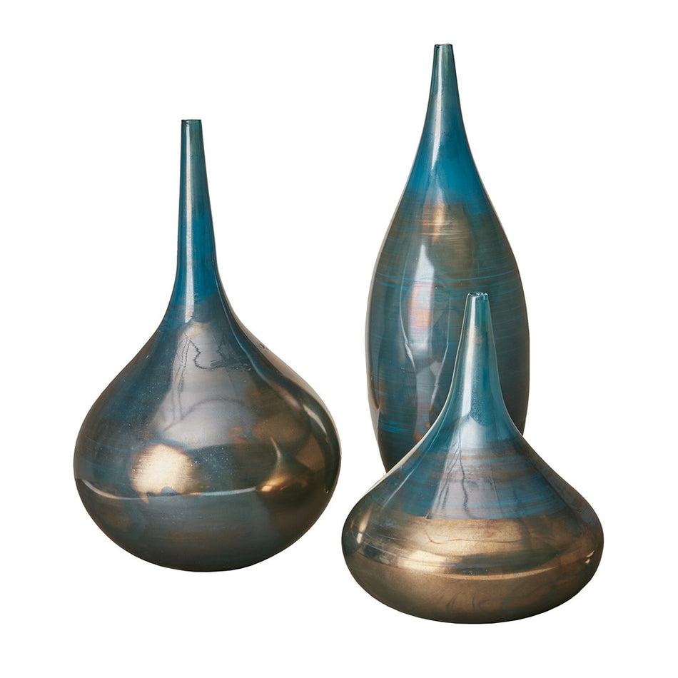 Aurora Handmade Rainbow Glass Vase- Set of 3 - Blue Metal