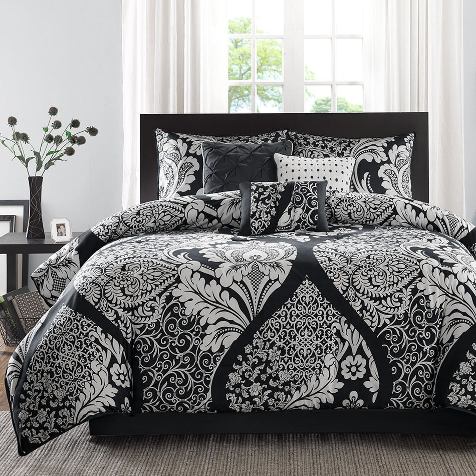 Vienna 7 Piece Cotton Printed Comforter Set - Black - King Size