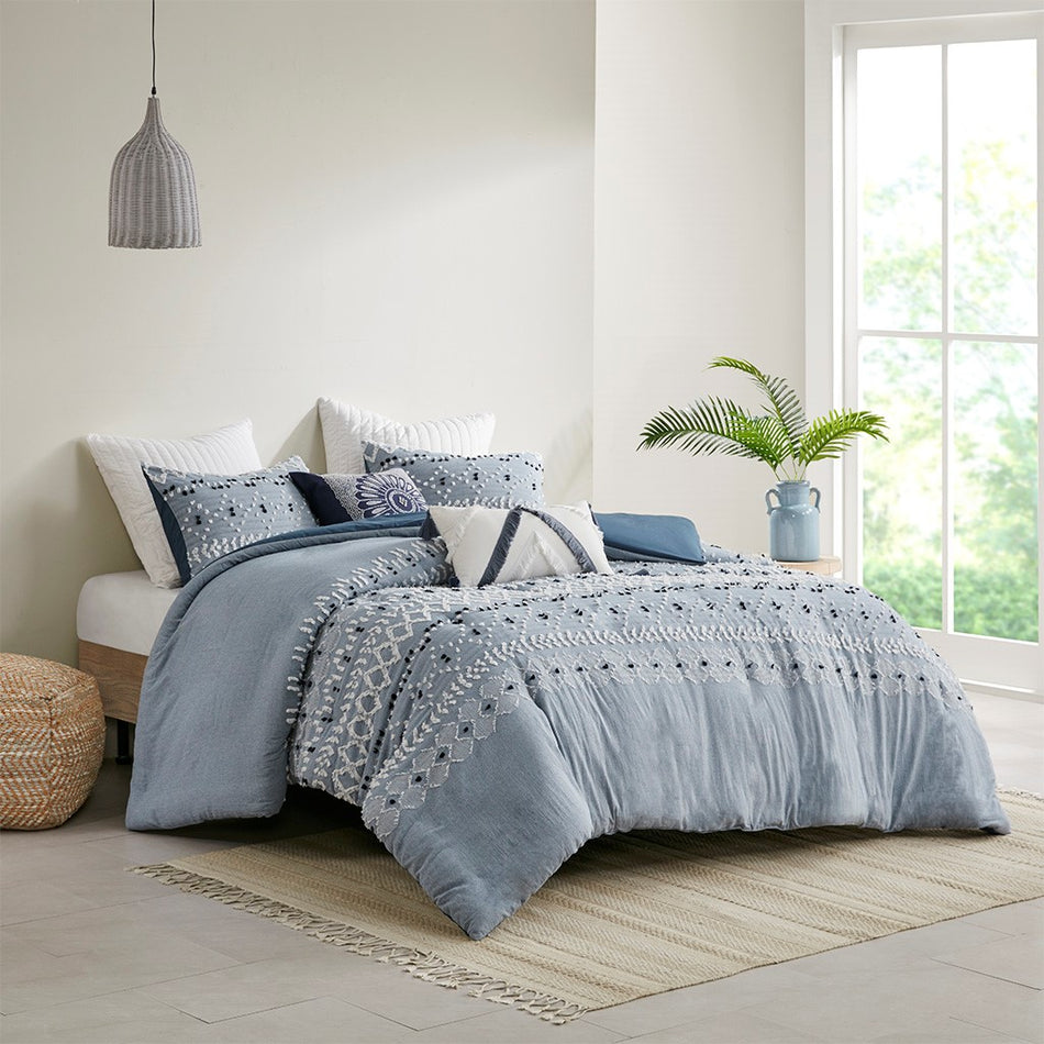 INK+IVY Dora Organic Cotton Chambray 3 Piece Duvet Cover Set - Blue - Full Size / Queen Size