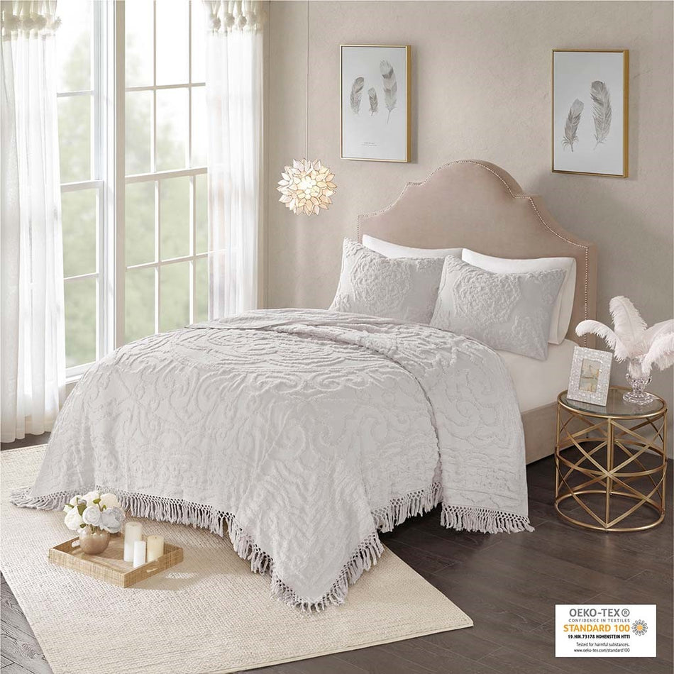 Madison Park Laetitia Tufted Cotton Chenille Medallion Fringe Coverlet Mini Set - Grey - King Size / Cal King Size