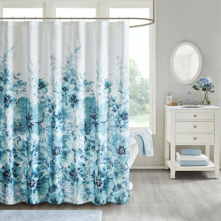 Madison Park Enza Floral 100% Cotton Printed Shower Curtain - Teal - 72x72"