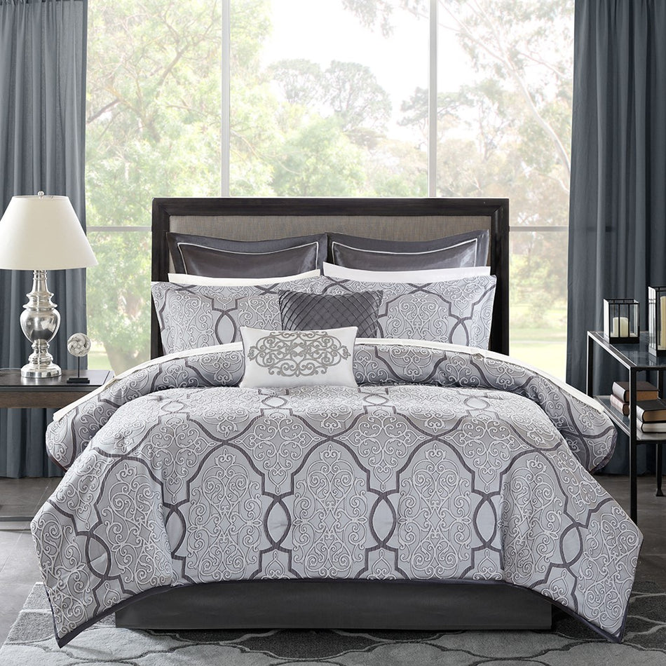 Lavine 12 Piece Complete Bed Set - Silver - Queen Size