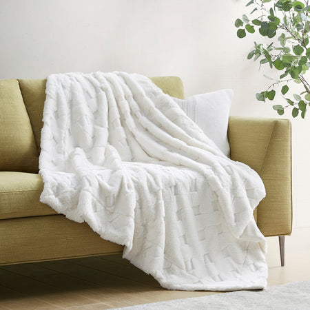Madison Park Claire Luxury Basketweave Faux Fur Throw - Ivory - 50x60"