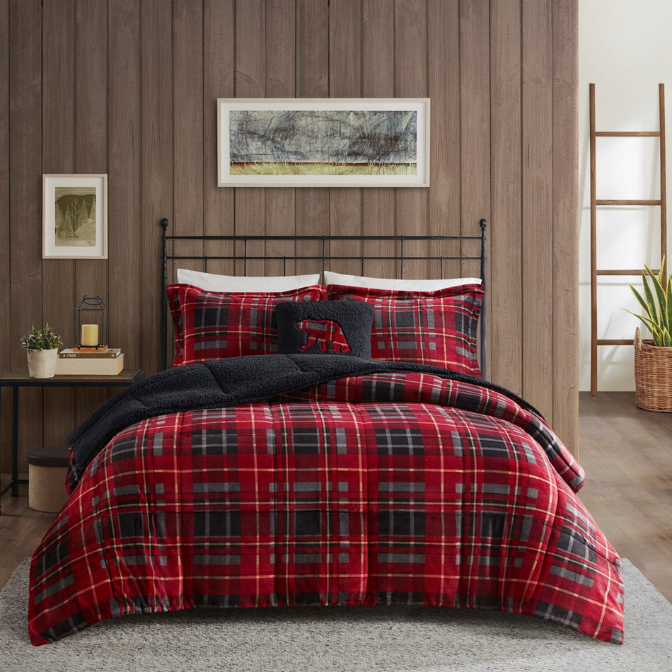 Alton Plush to Sherpa Down Alternative Comforter Set - Red Plaid - Full Size / Queen Size