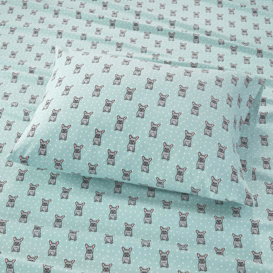 Cozy Cotton Flannel Printed Sheet Set - Aqua French Bulldog - Cal King Size