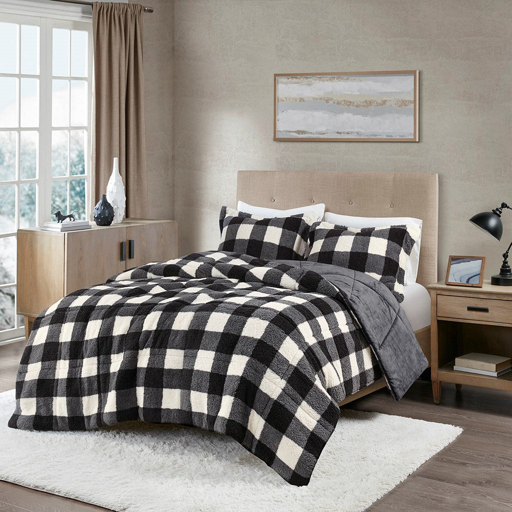 True North by Sleep Philosophy Brooks Print Sherpa Down Alternative Comforter Set - Ivory / Black - King Size