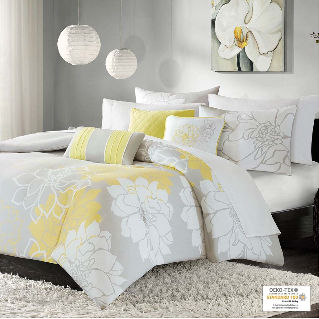 Madison Park Lola 6 Piece Printed Duvet Cover Set - Yellow - King Size / Cal King Size
