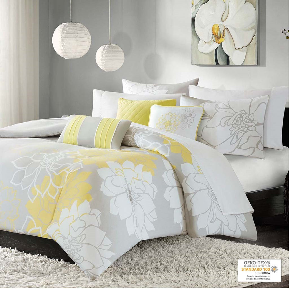 Madison Park Lola 6 Piece Printed Duvet Cover Set - Yellow - Full Size / Queen Size