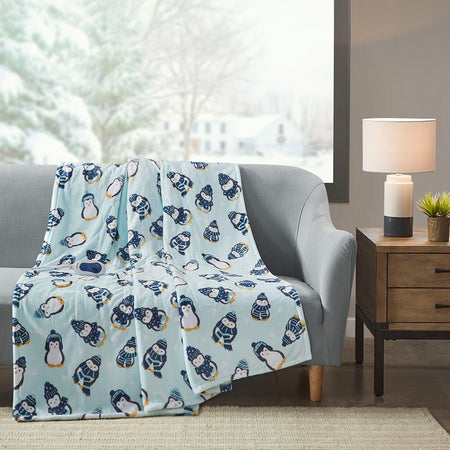 Beautyrest Oversized Plush Printed Heated Throw - Aqua Penguins - 60x70"