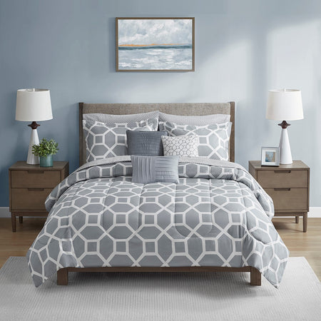 Beautyrest Nora 10 Piece Geometric Comforter Set with Bed Sheets - Grey - King Size