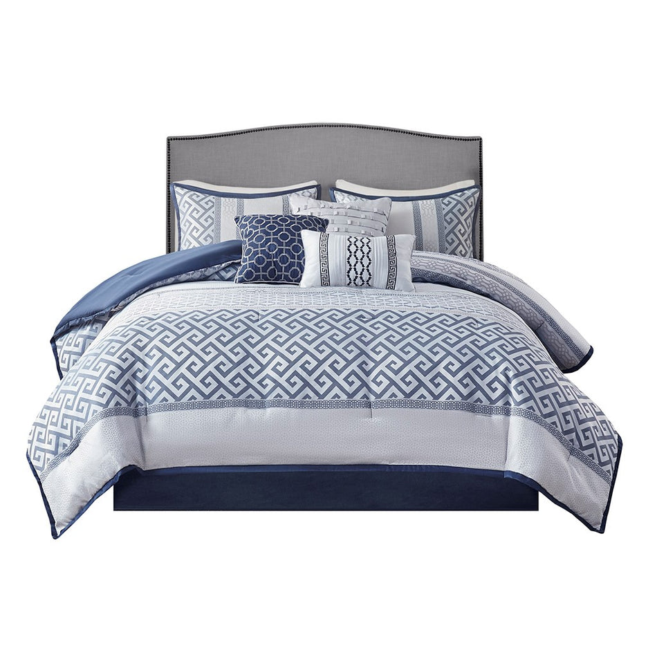 Bennett 7 Piece Jacquard Comforter Set - Navy - Cal King Size