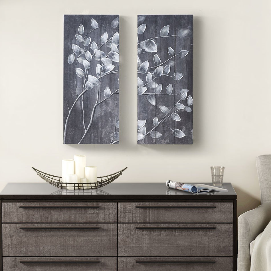 Madison Park Grey Branches Print on Wood with 50% Handpaint 2 Piece Set - Reclaimed Grey 