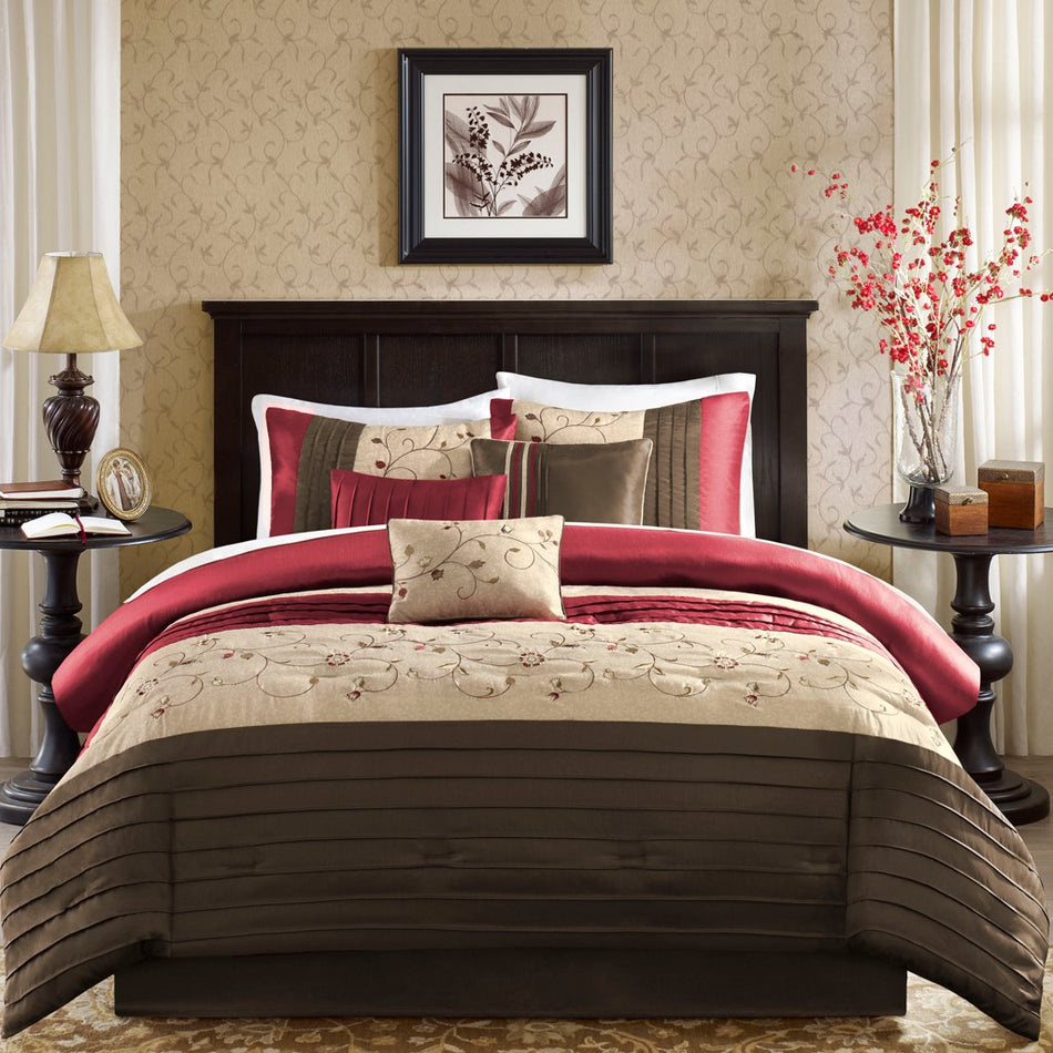 Serene Embroidered 7 Piece Comforter Set - Red - King Size