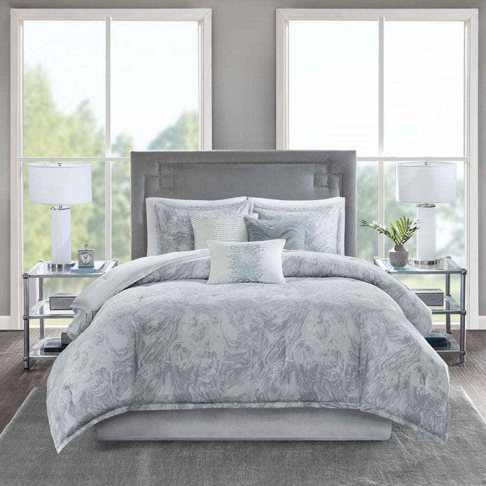 Emory 7 Piece Cotton Sateen Comforter Set - Grey - Queen Size