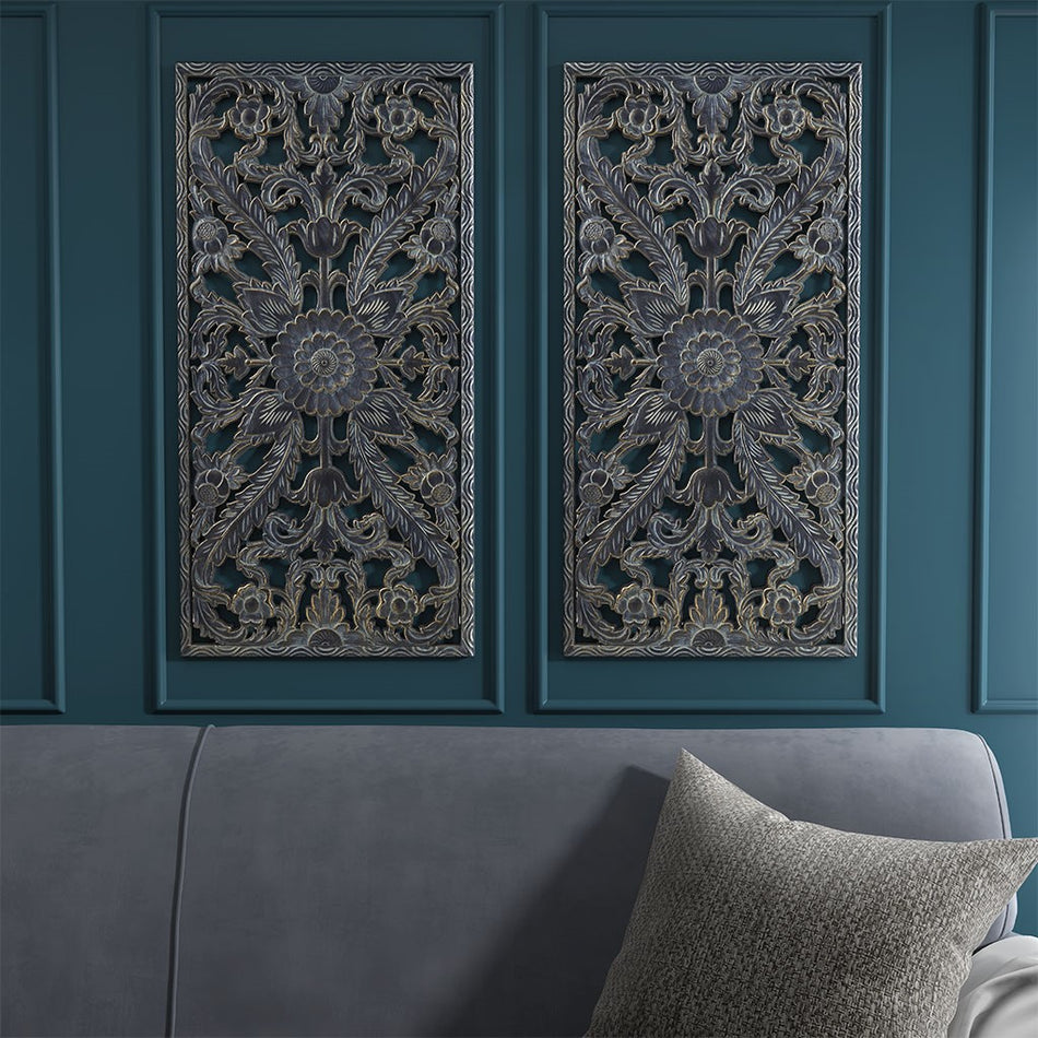 Madison Park Botanical Panel Carved Wall Decor 2 Piece Set - Antique Blue 