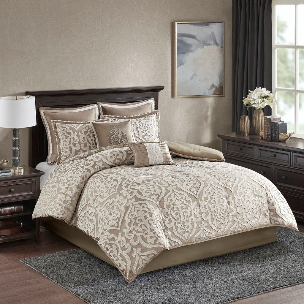 Madison Park Odette 8 Piece Jacquard Comforter Set - Tan - Cal King Size