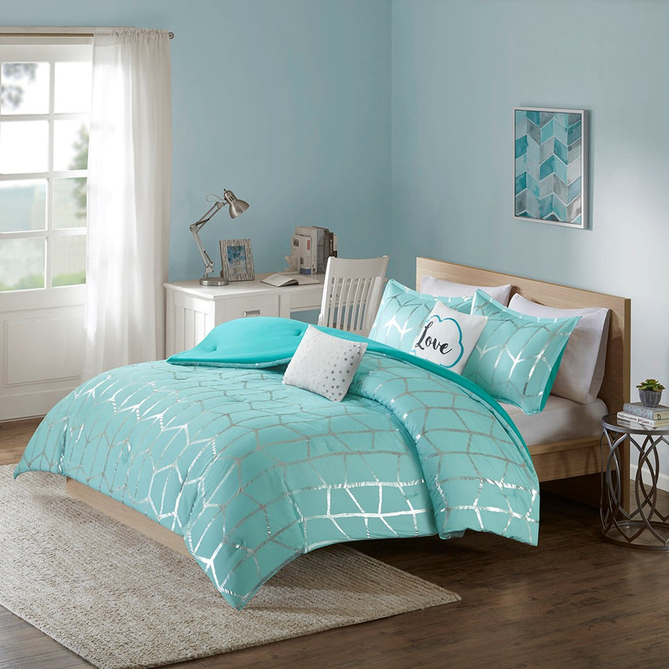 Intelligent Design Raina Metallic Printed Comforter Set - Aqua / Silver - King Size / Cal King Size