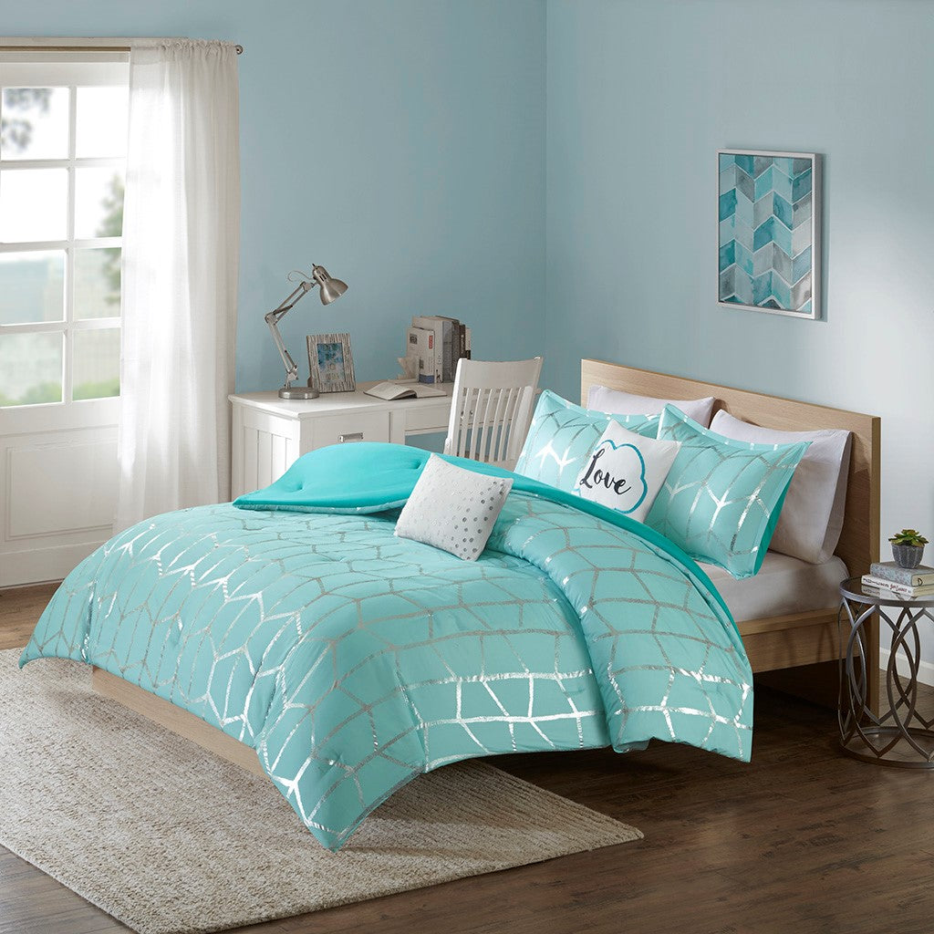 Intelligent Design Raina Metallic Printed Comforter Set - Aqua / Silver - Twin Size / Twin XL Size