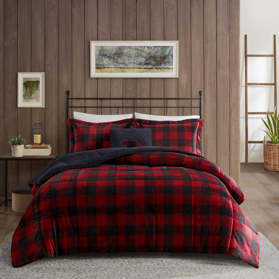 Alton Plush to Sherpa Down Alternative Comforter Set - Red / Black Buffalo Check - King Size