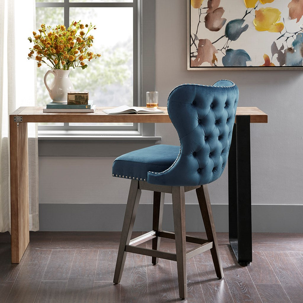 Madison Park Hancock High Wingback Button Tufted Upholstered 27" Swivel Counter Stool with Nailhead Accent - Dark Blue 