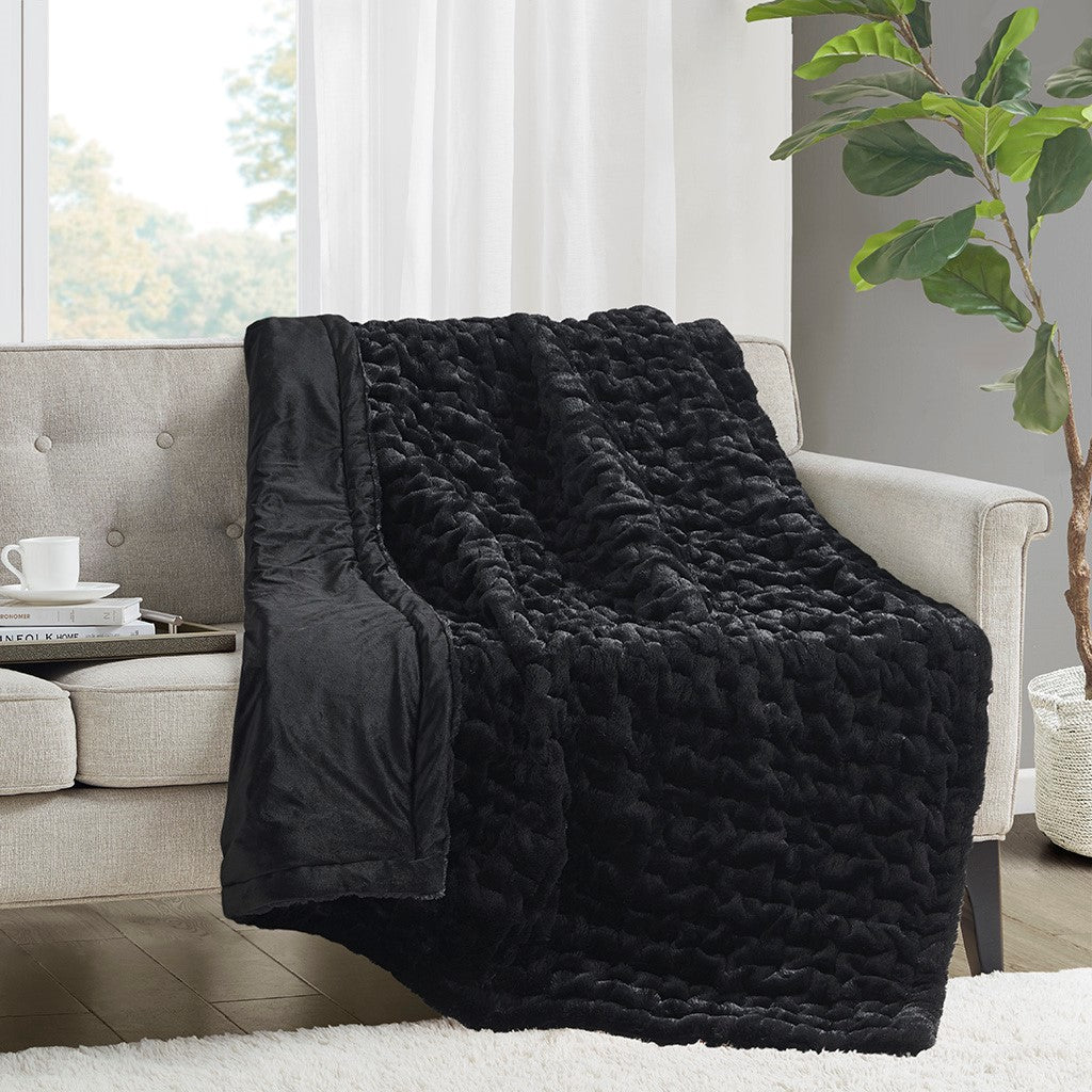 Madison Park Ruched Fur Throw - Black - 50x60"