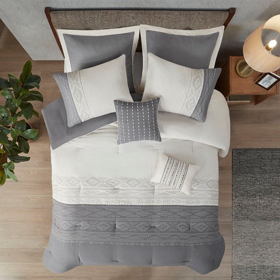 Helena 8 Piece Embroidered Comforter Set - Grey - King Size