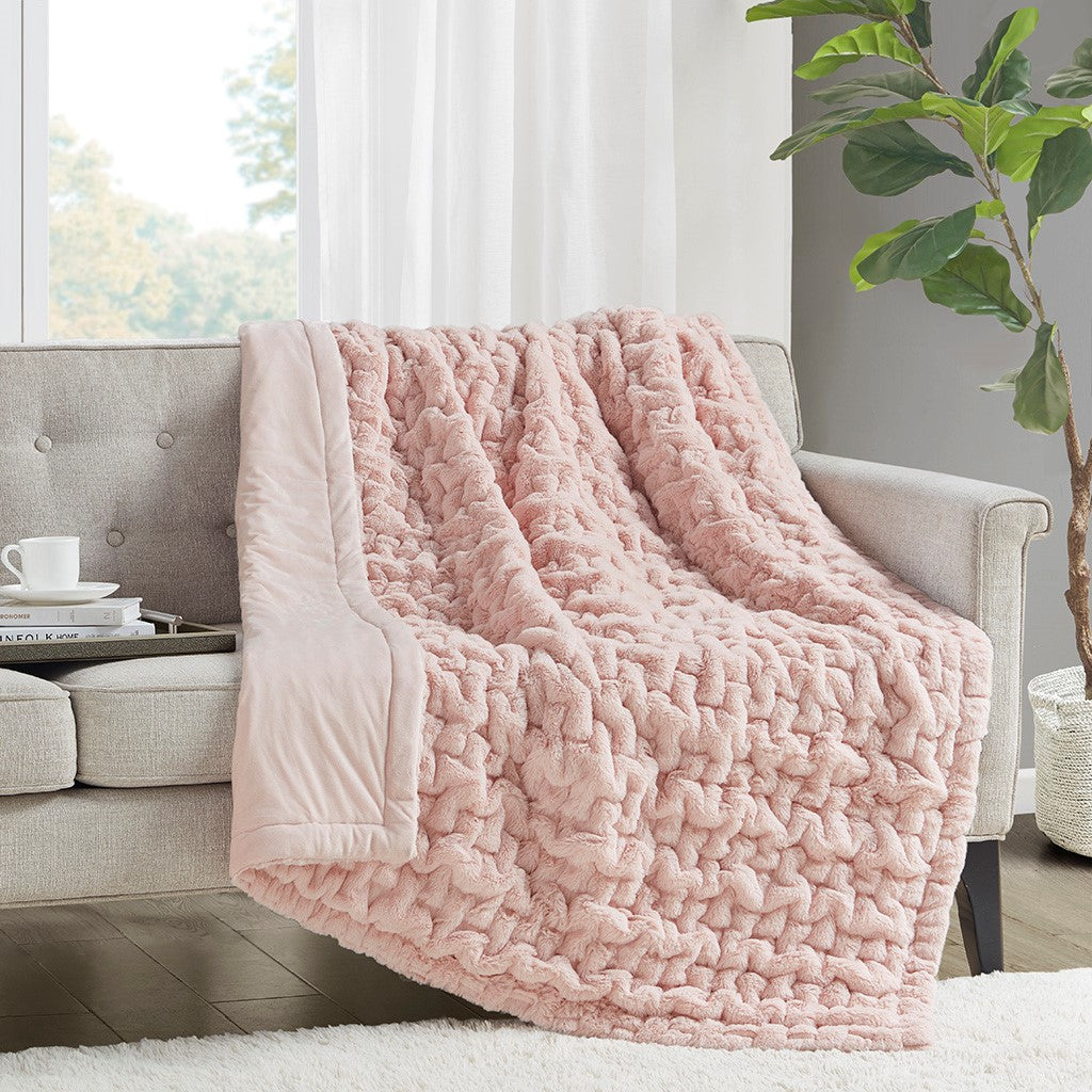 Madison Park Ruched Fur Throw - Blush - 50x60"