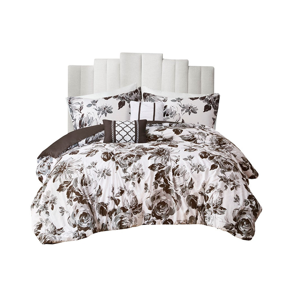 Dorsey Floral Print Comforter Set - Black / White - King Size / Cal King Size