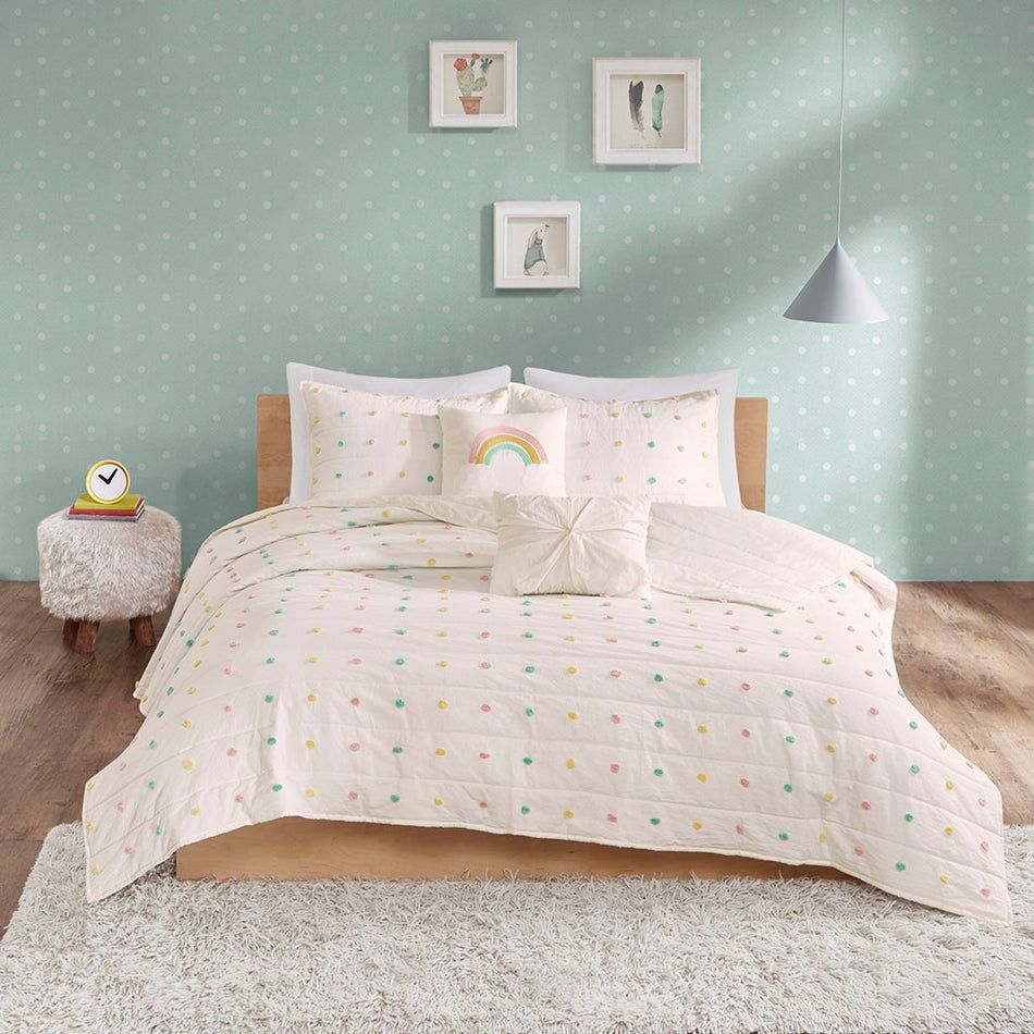 Callie Pom Pom Cotton Jacquard Quilt Set with Throw Pillows - Multicolor - Full Size / Queen Size