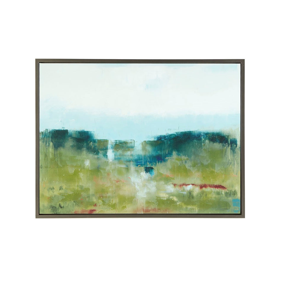 Morning Fields Green Hand Embellished Framed Canvas - Blue