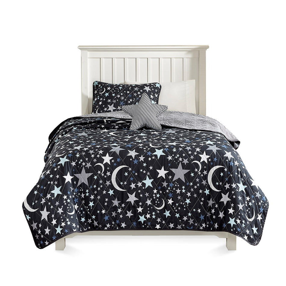 Starry Night Reversible Quilt Set with Throw Pillow - Charcoal - Twin Size
