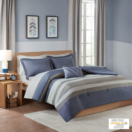 Intelligent Design Marsden Striped Comforter Set with Bed Sheets - Blue / Grey - Twin XL Size