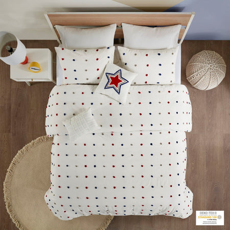 Urban Habitat Kids Callie Cotton Jacquard Pom Pom Comforter Set - Red / Navy - Full Size / Queen Size