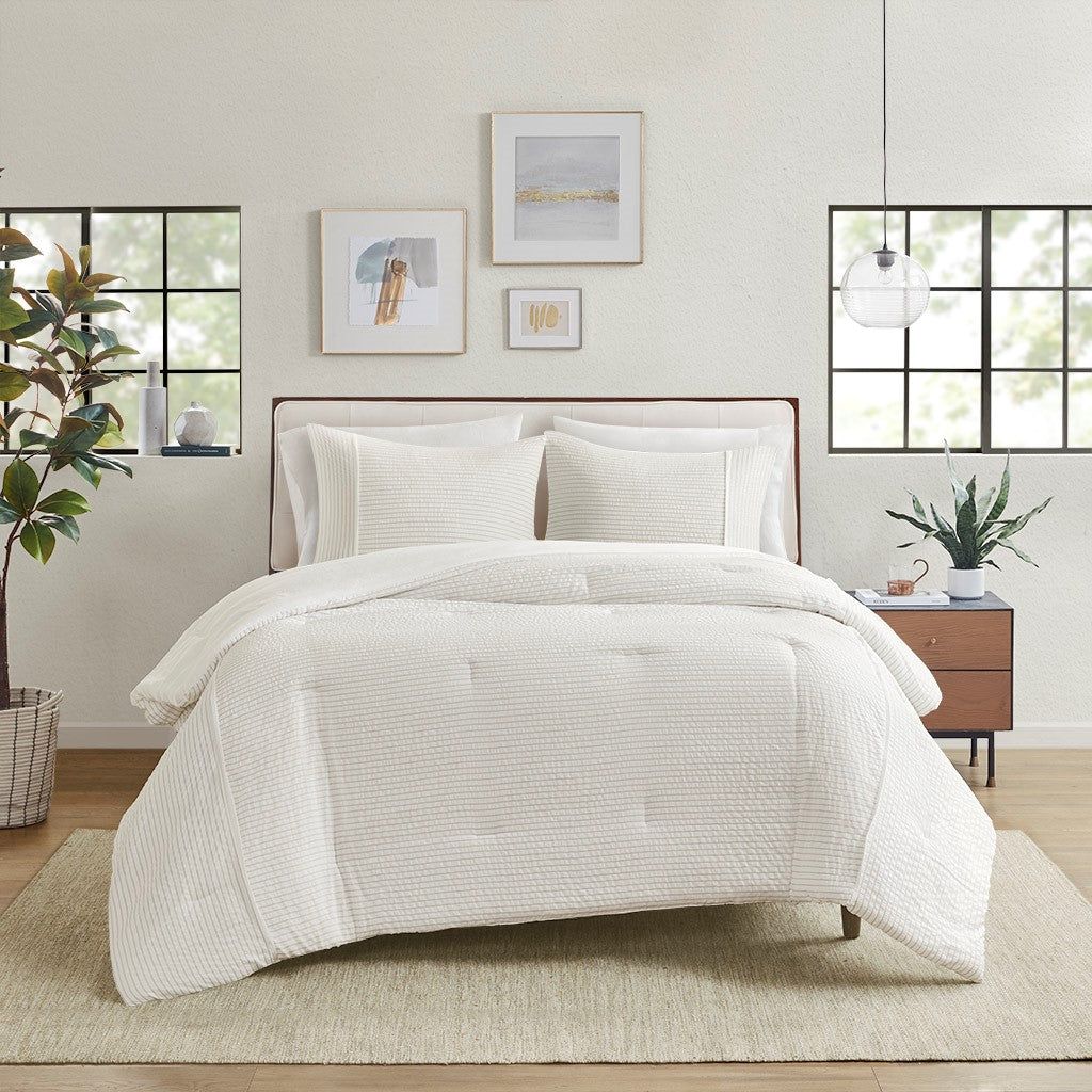 Beautyrest Apollo 3 Piece Striped Seersucker Oversized Comforter Set - Ivory - Full Size / Queen Size - BR10-3840