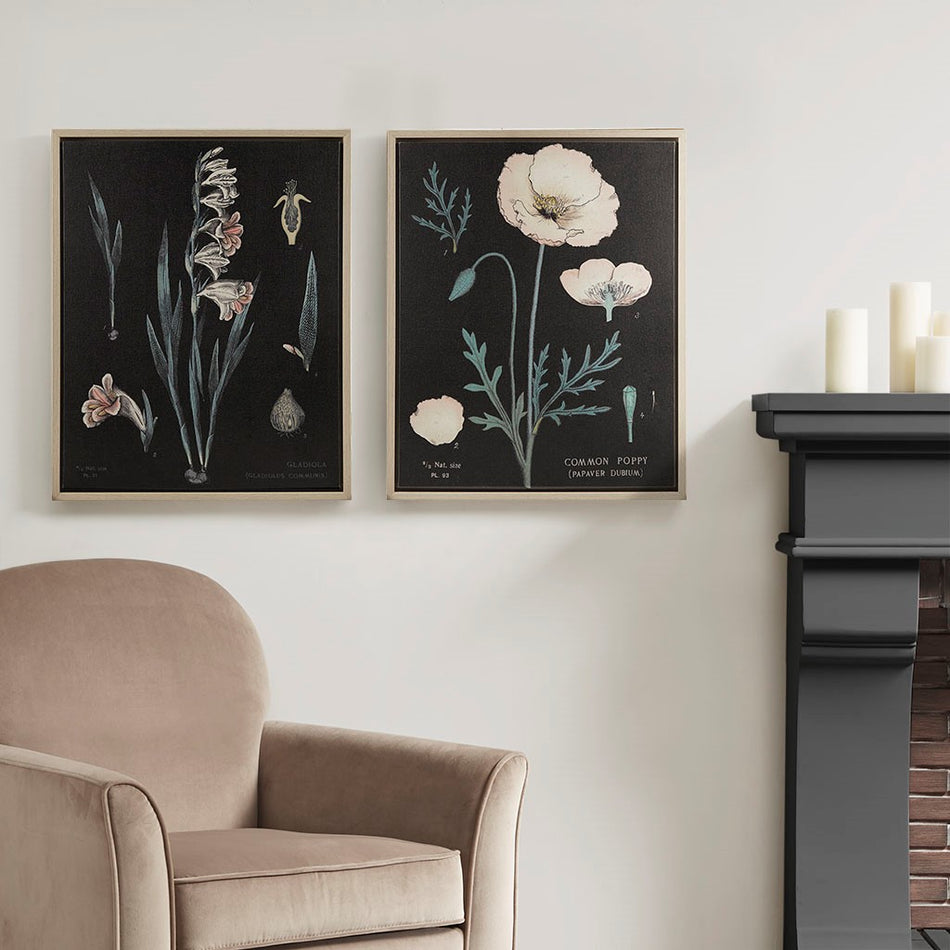 Eventide Flourish Botanical Contrast Framed Linen Canvas 2 Piece Set - Black Multi