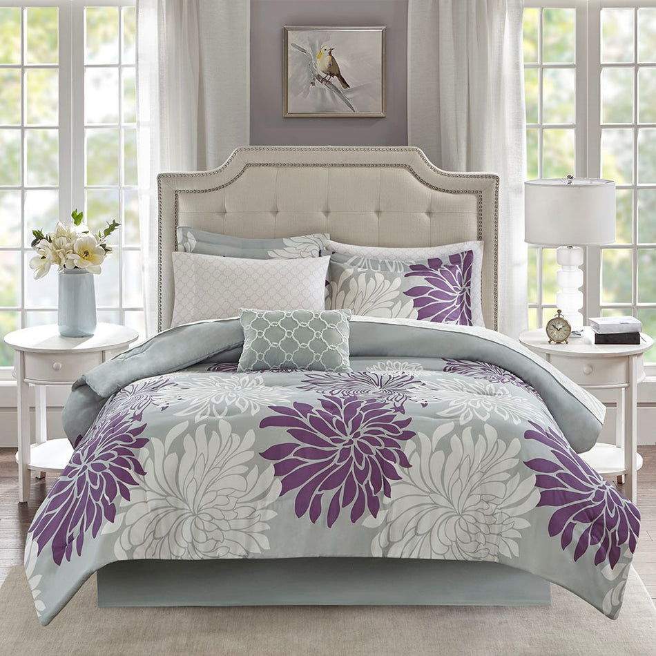 Maible 9 Piece Comforter Set with Cotton Bed Sheets - Purple - Cal King Size