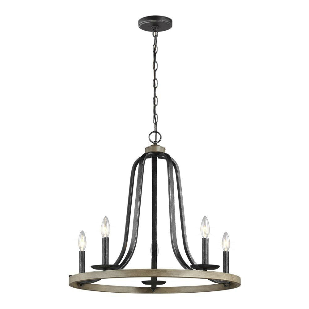 Rustic 5 Light Dimmable Farm Home Circle Metal Chandelier Oak Finish