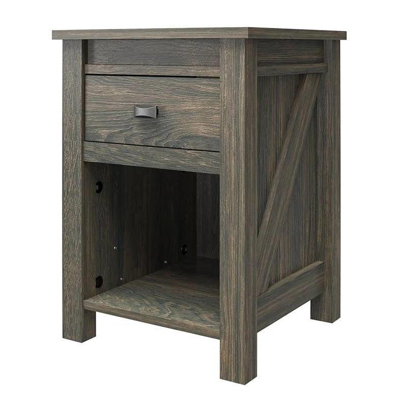 Farmhouse 1-Drawer Bedroom Nightstand with Open Shelf in Rustic Grey Oak