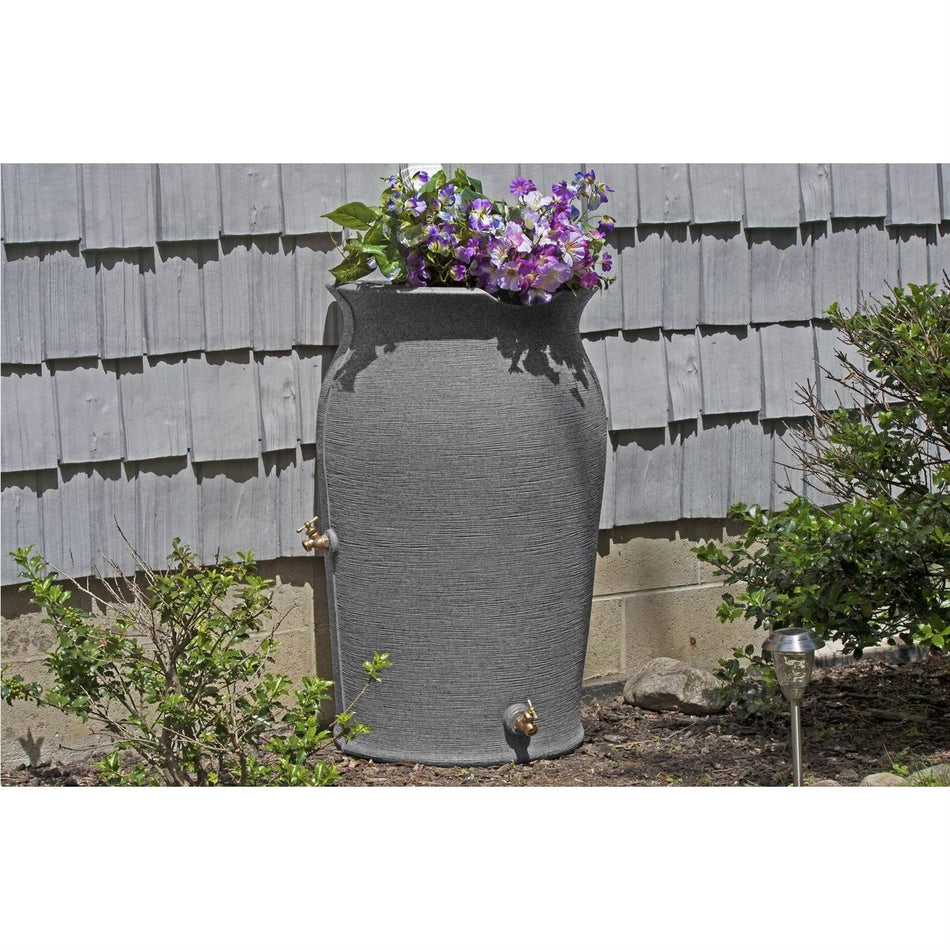 Dark Grey Granite 50-Gallon Plastic Urn Rain Barrel with Planter Top