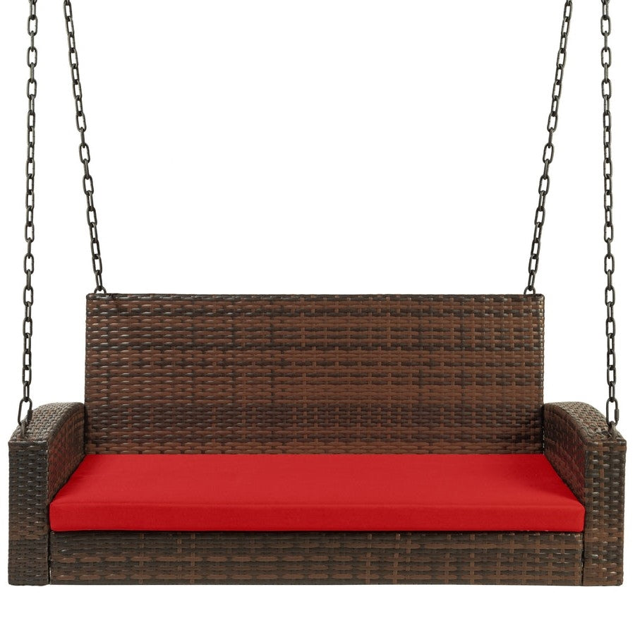Brown Wicker Hanging Patio Porch Swing Bench w/ Mounting Chains and Red Seat Cushion
