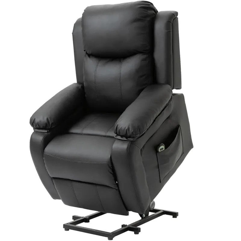 Black Electric PU Leather Power Lift Chair with Remote Control & Side Pockets