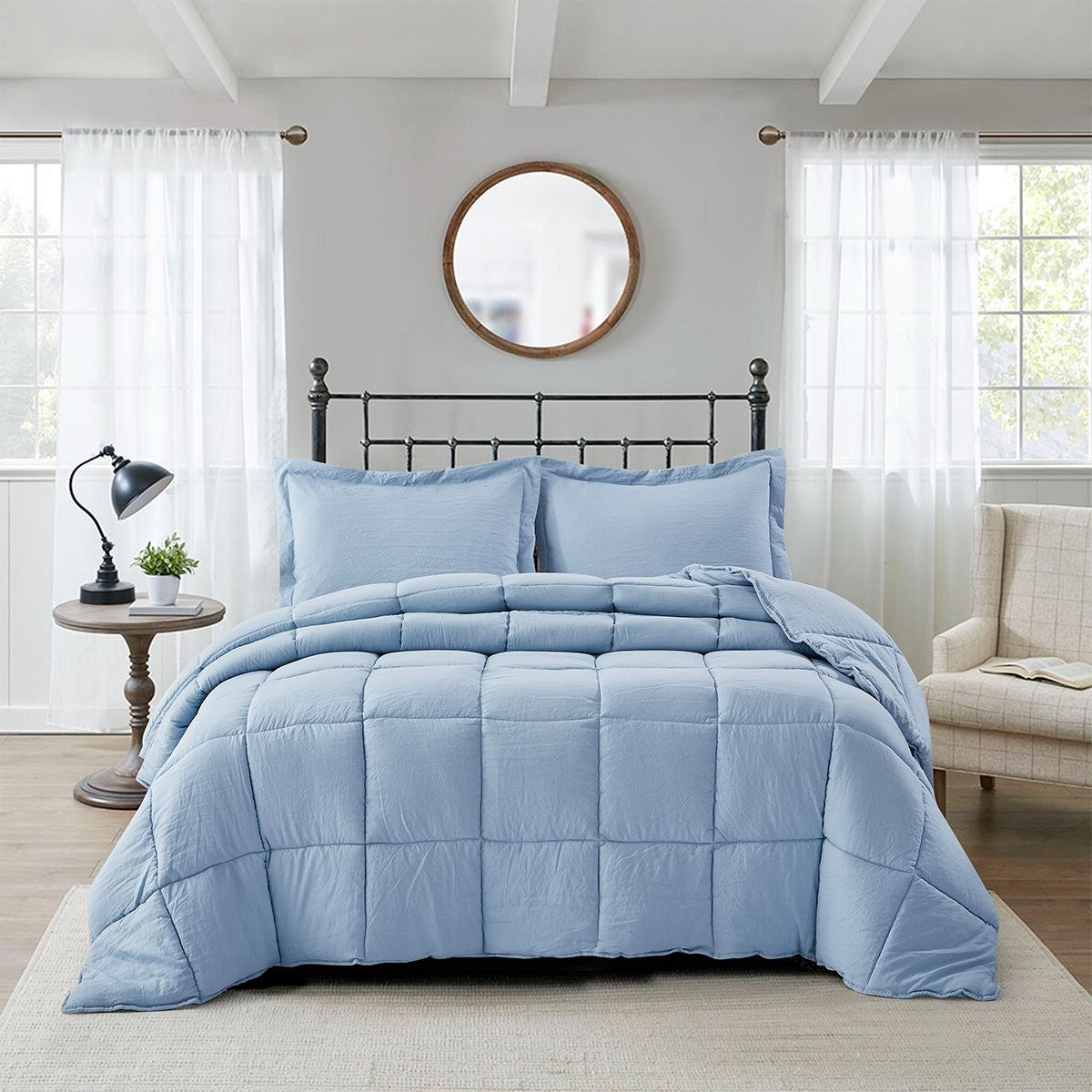 Queen Size Blue 3 Piece Microfiber Reversible Comforter Set