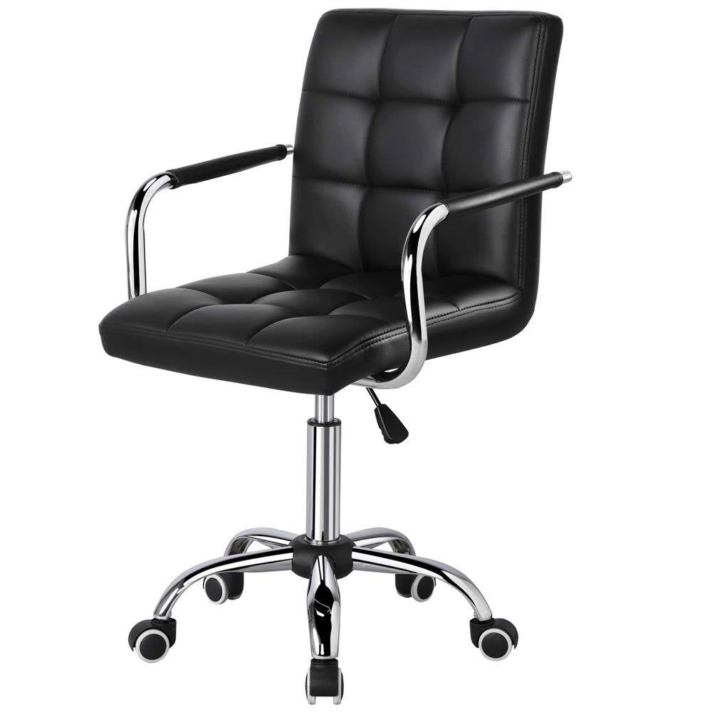 Modern Mid-Back Black Faux Leather Office Chair with Removable Arms