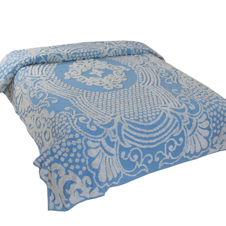 Queen size 100% Cotton Tufted Chenille Bedspread with Blue Damask Medallion
