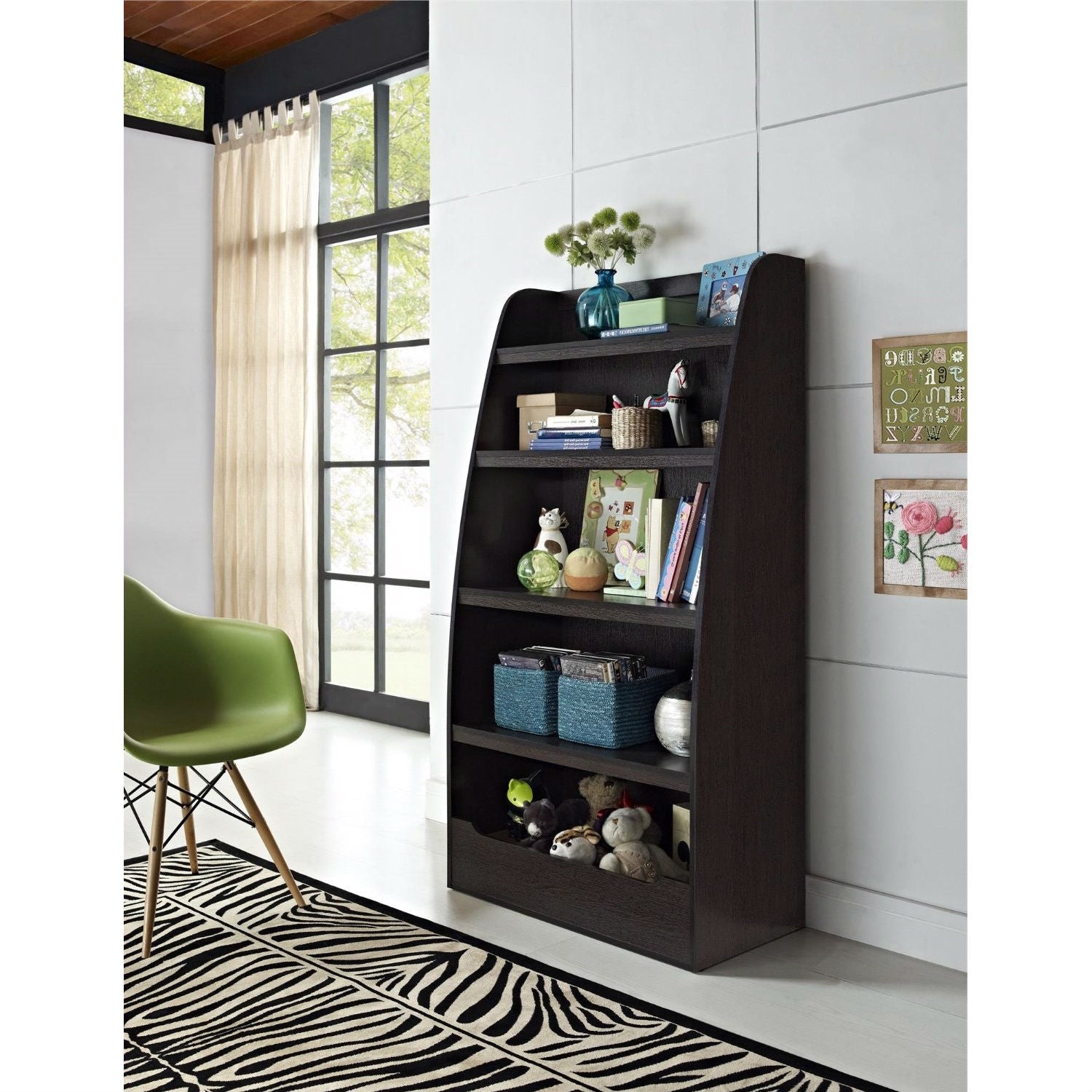Kids 4-Shelf Bookcase in Espresso Wood Finish Childs Bedroom