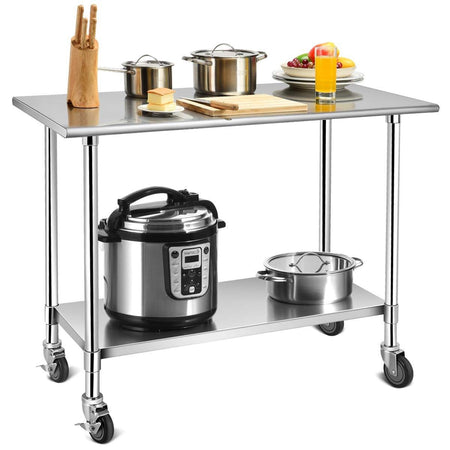 Stainless Steel 4ft x 2ft Kitchen Cart Table on Wheels with Adjustable Shelf